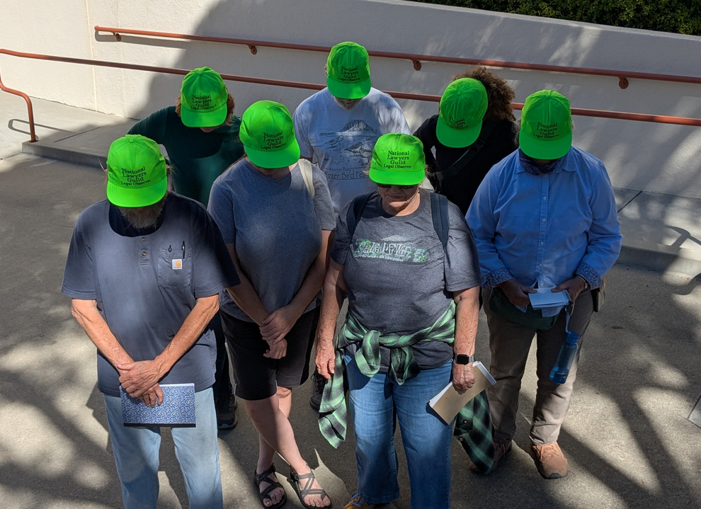 group of green-hatted legal observers looking down
