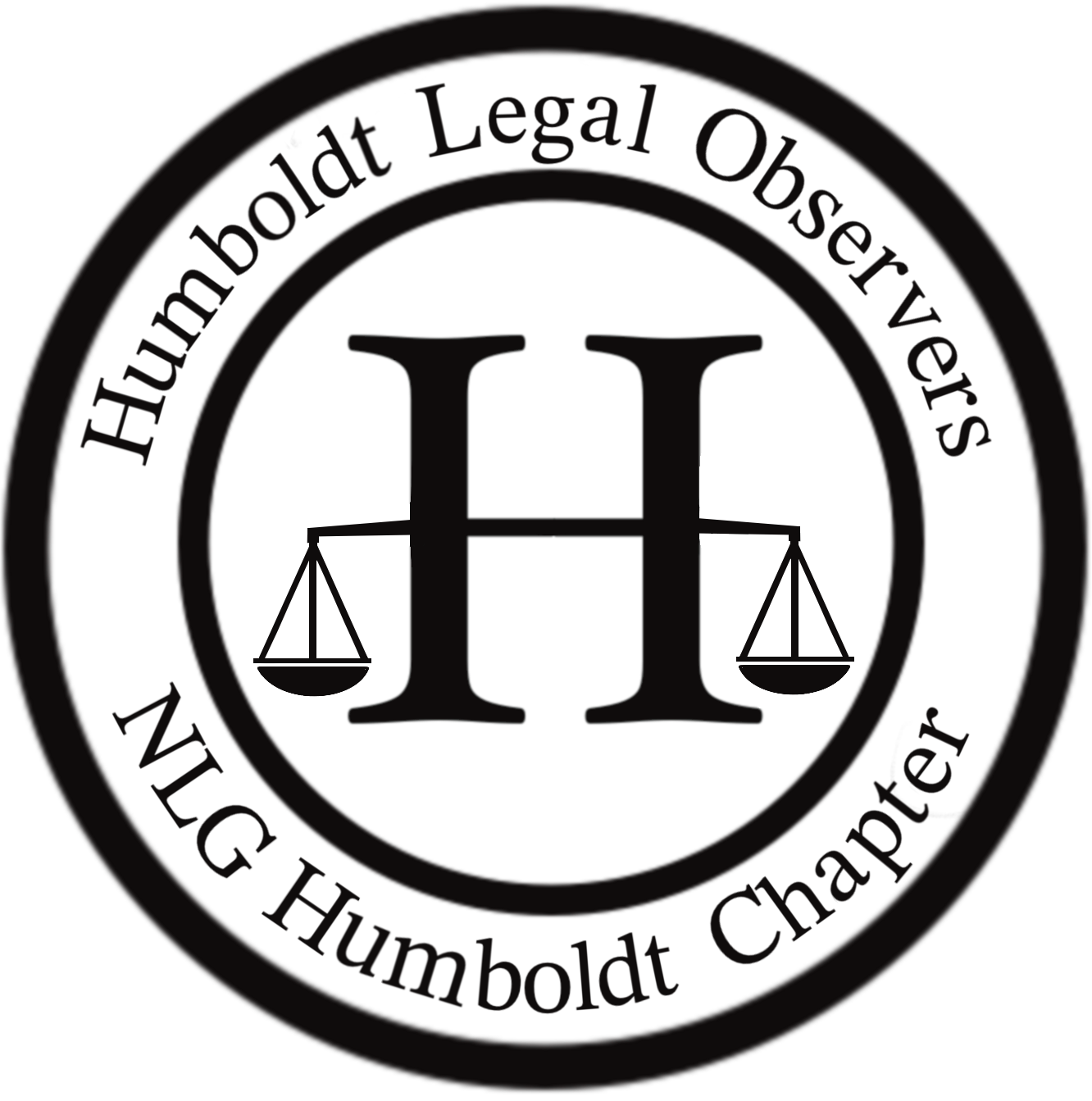 A capital H with a weight scale suspended on the middle bar is encircled by the words "Humboldt Legal Observers" and "NLG Humboldt Chapter."