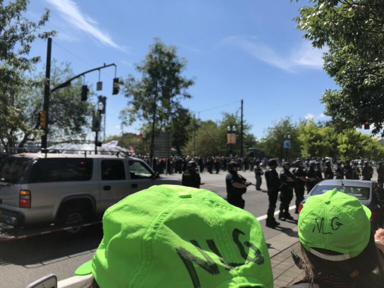 Police officers stand in a line on a street in the background as two NLG legal observers look on, with the back of their green hats visible in the foreground
